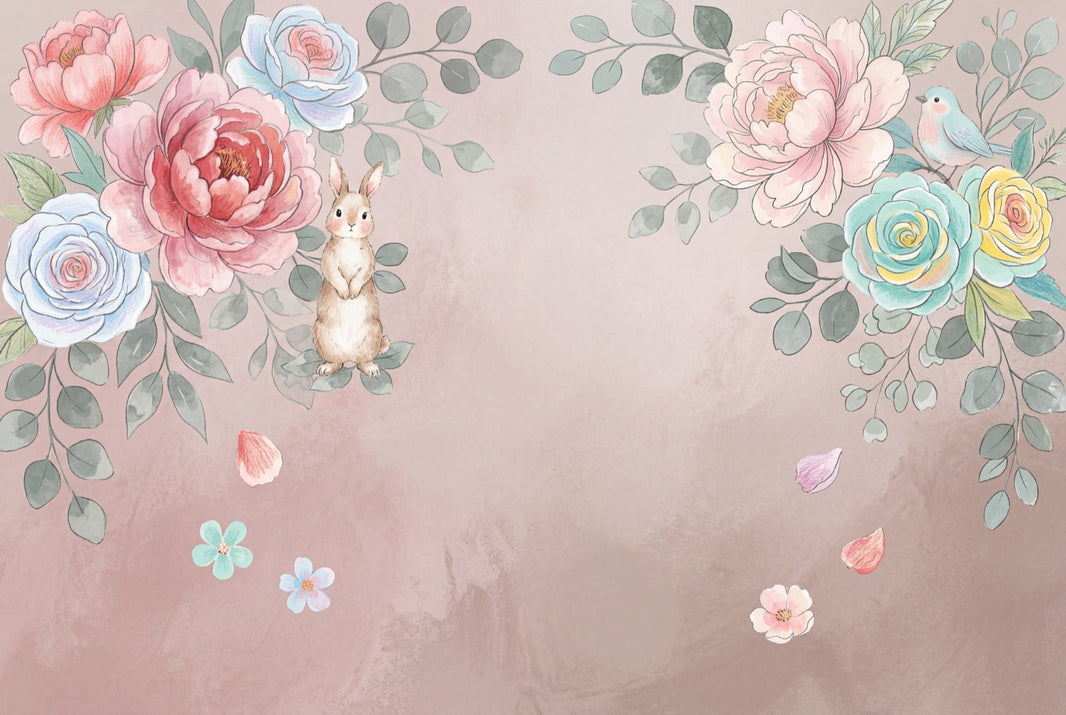Watercolor Floral Wallpaper Pastel Pink Background Removable Whimsical Nursery Wall Decor pattern artwork