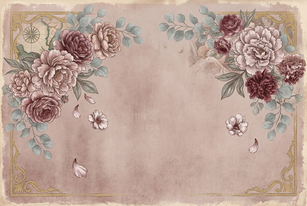 Vintage Floral Wallpaper Peony Roses Faded Map Wall Mural pattern artwork