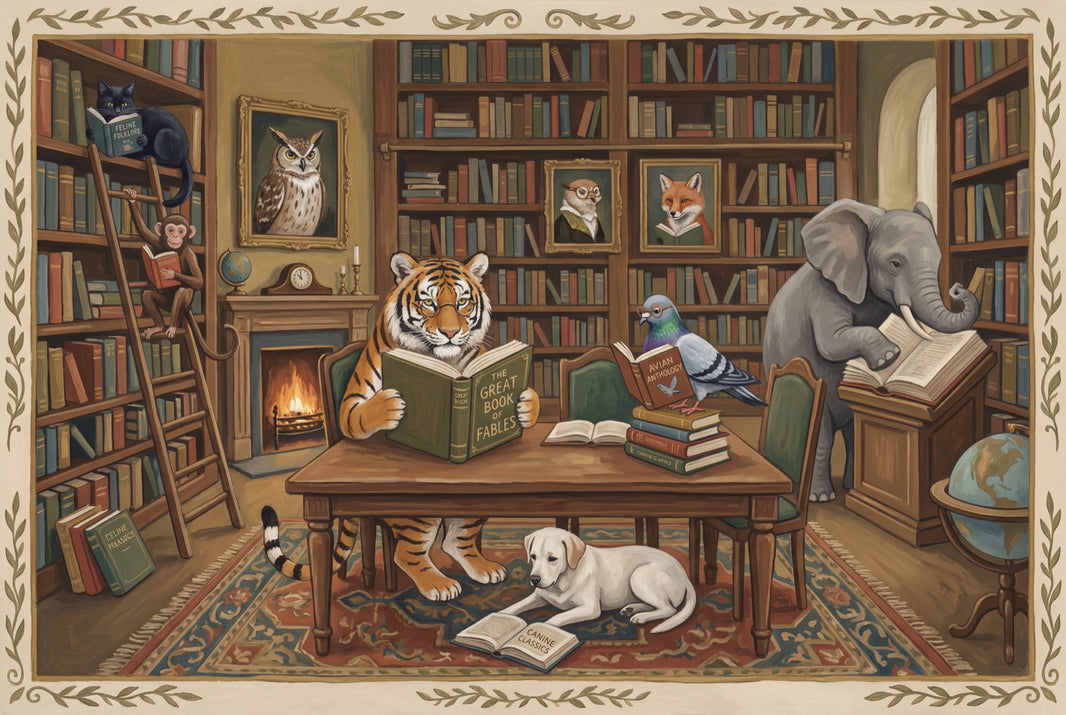 Whimsical Library Wallpaper Animals Reading Removable Vintage Storybook Wall Decor pattern artwork