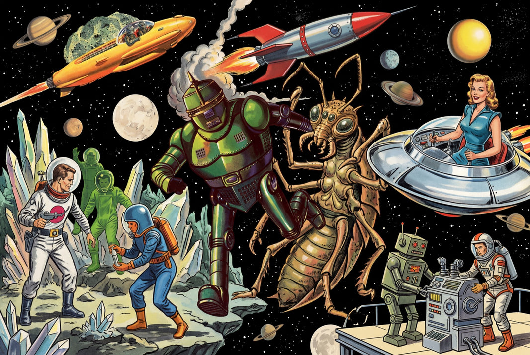 Retro Sci Fi Wallpaper Outer Space Robots Removable Wall Decor pattern artwork
