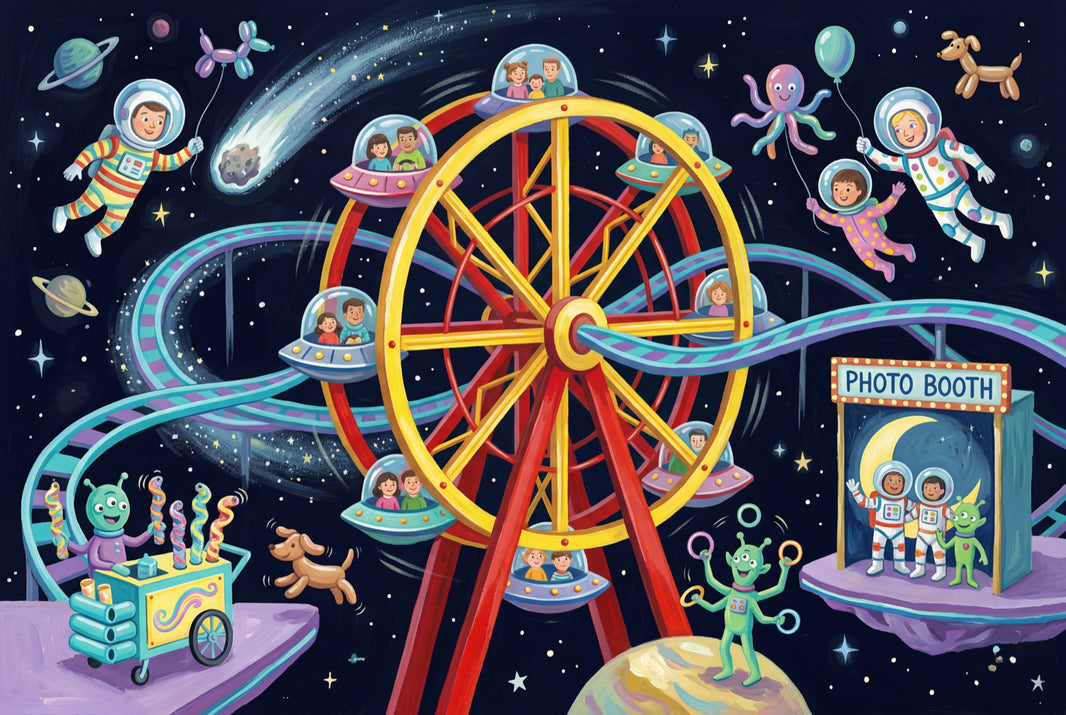 Space Carnival Wallpaper Ferris Wheel Removable Cartoon Astronauts Wall Decor pattern artwork