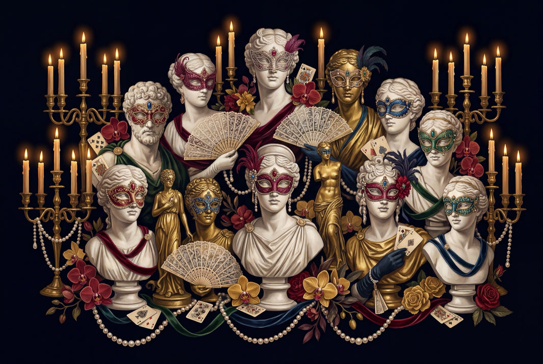 Venetian Masquerade Wallpaper Classical Busts Gold Candelabras Wall Mural pattern artwork