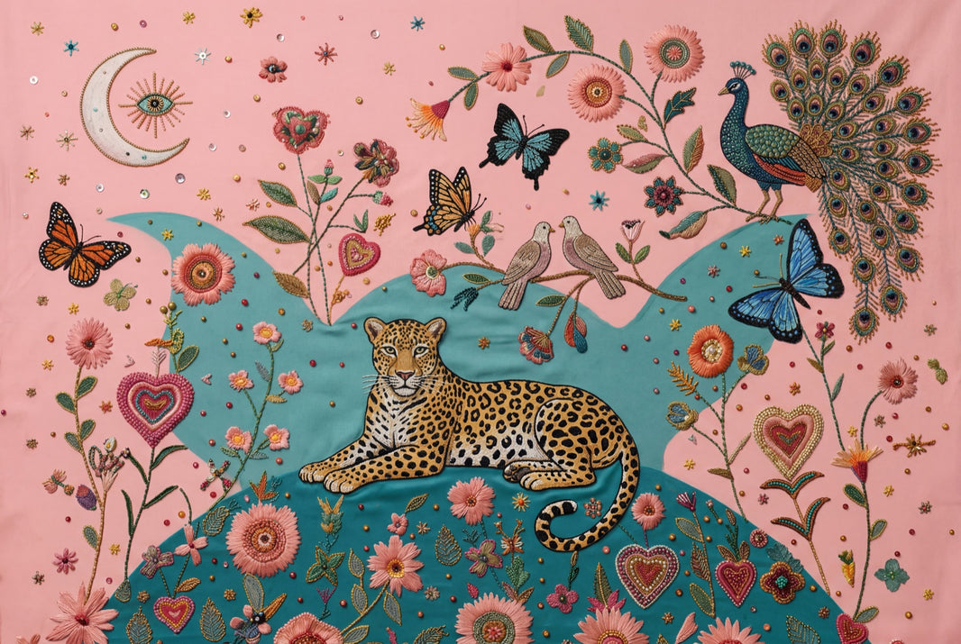 Pink Background Wallpaper Embroidered Look Whimsical Wall Mural pattern artwork