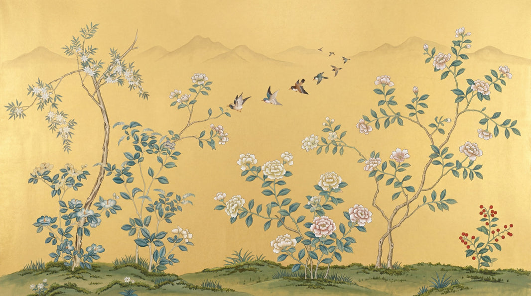 Botanical Mural Wallpaper Golden Background Removable Asian Inspired Wall Decor pattern artwork