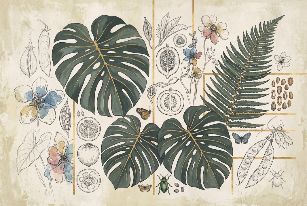 Botanical Wallpaper Tropical Leaves Gold Grid Removable Wall Decor pattern artwork