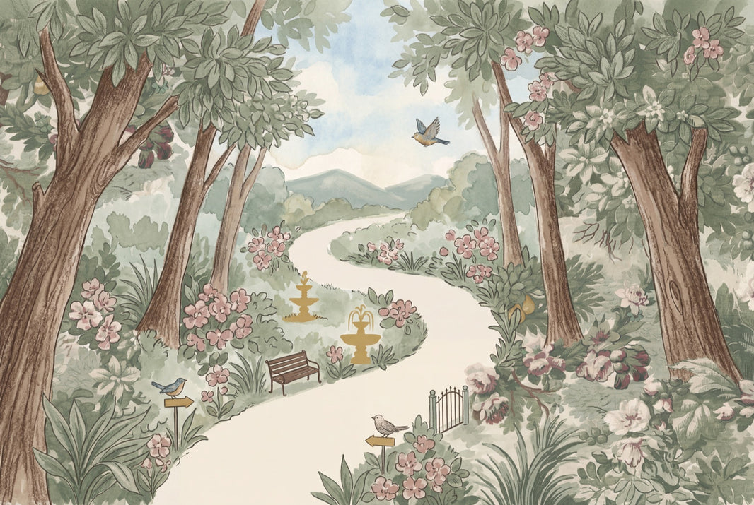 Garden Landscape Wallpaper Winding Path Removable Watercolor Illustration Wall Decor pattern artwork