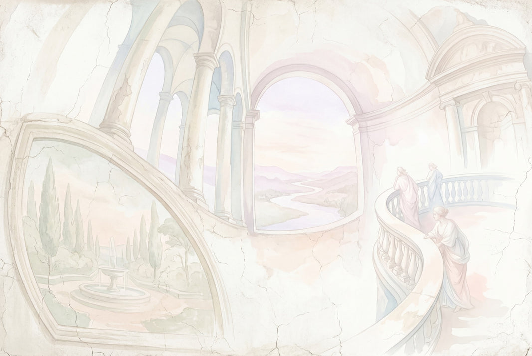 Fresco Mural Wallpaper Classical Arches Pastel Landscape Wall Mural pattern artwork