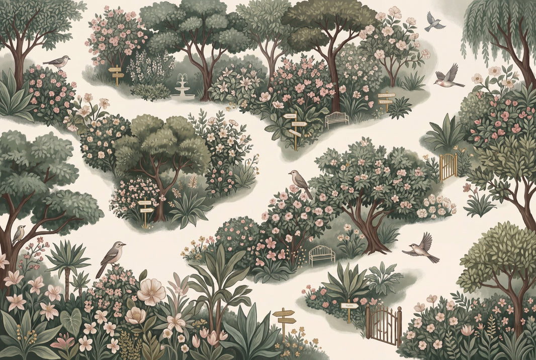 Garden Landscape Wallpaper Floral Bushes Removable Birds Wall Decor pattern artwork