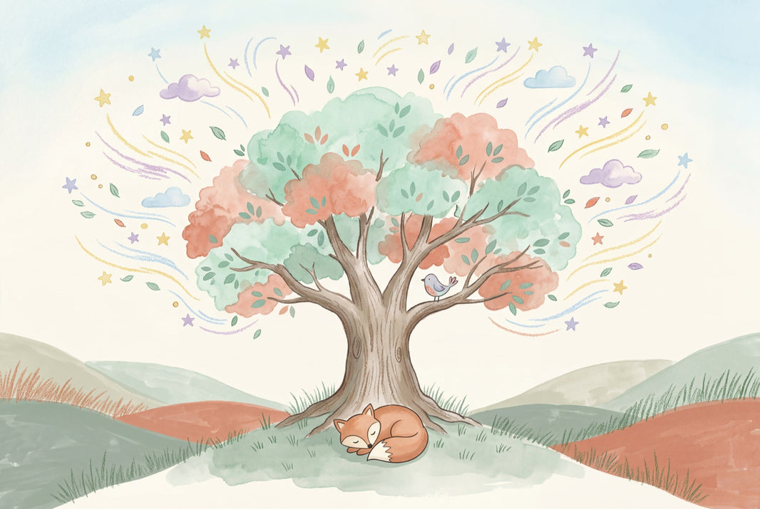 Watercolor Landscape Wallpaper Whimsical Tree Sleeping Fox Wall Mural pattern artwork