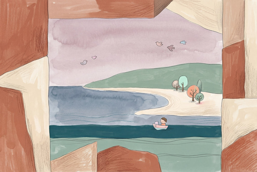 Muted Green Wallpaper Coastal Landscape Storybook Wall Mural pattern artwork