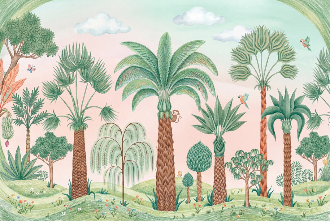 Tropical Landscape Wallpaper Palm Trees Watercolor Illustration Removable Wall Decor pattern artwork