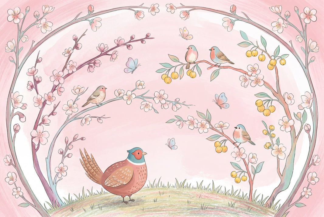 Cherry Blossoms Wallpaper Birds Removable Vintage Vignette Wall Decor pattern artwork