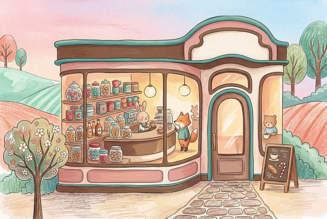 Pastel Cafe Wallpaper Storybook Illustration Cute Animals Removable Wall Decor pattern artwork