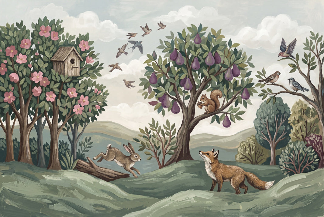 Woodland Landscape Wallpaper Storybook Illustration Removable Green Hills Wall Decor pattern artwork