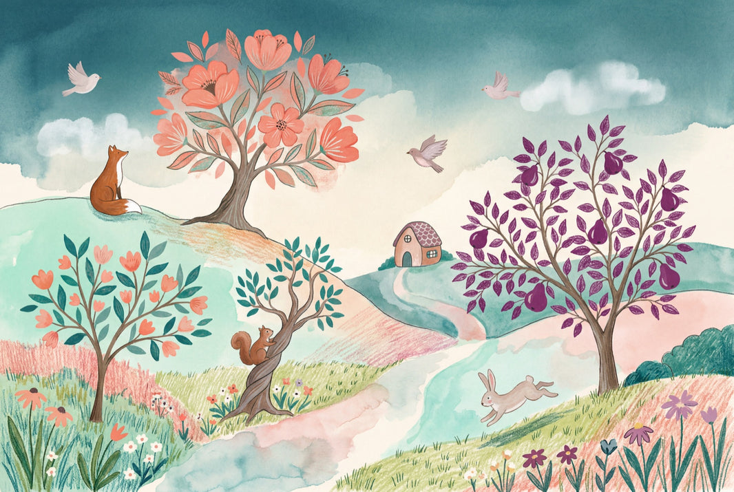 Whimsical Landscape Wallpaper Watercolor Removable Storybook Wall Decor pattern artwork