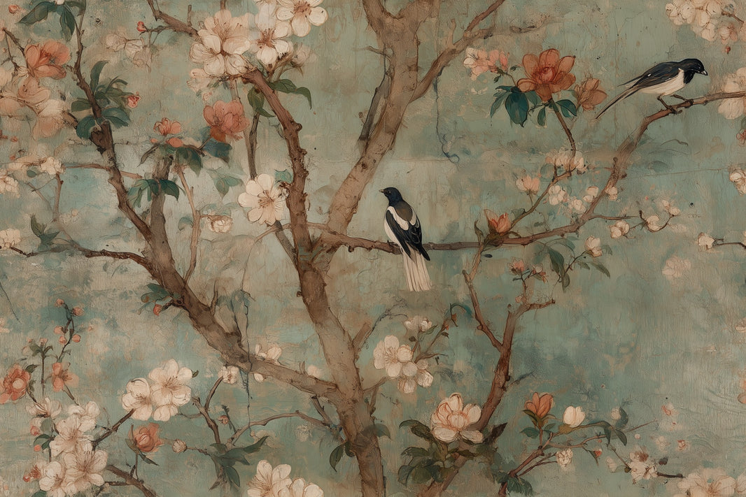Vintage Birds Wallpaper Teal Floral Wall Mural pattern artwork