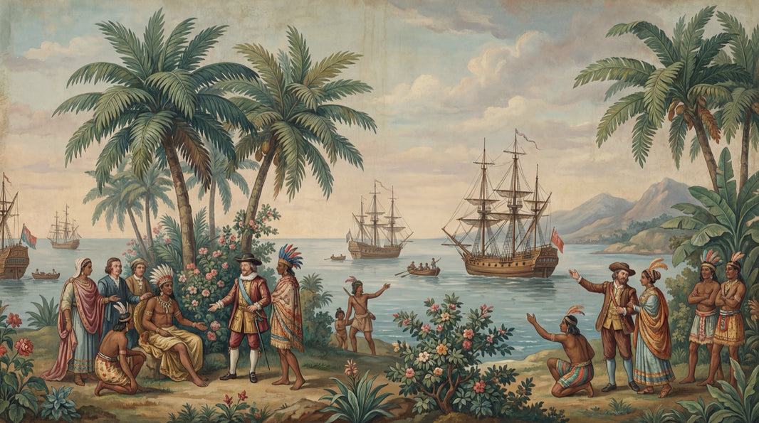 Historical Exploration Wallpaper Tropical Ships Wall Mural pattern artwork