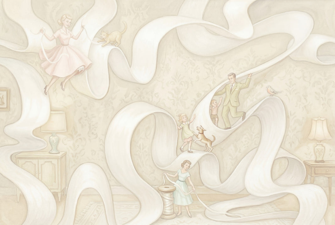 Vintage Illustration Wallpaper Whimsical Flowing Ribbon Wall Mural pattern artwork