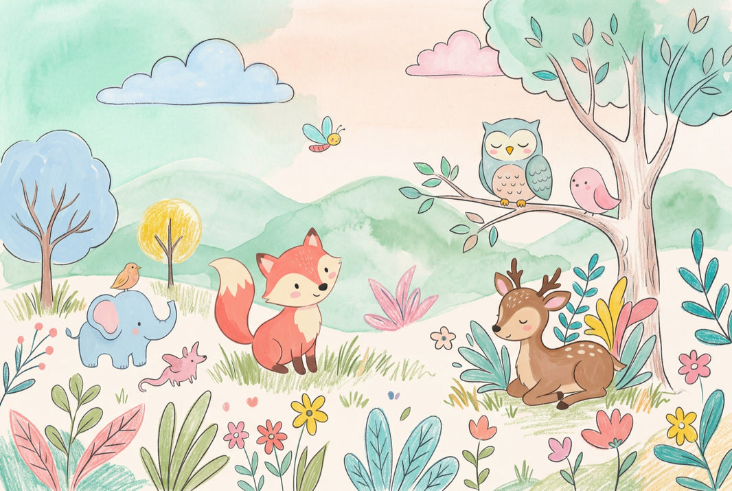 Woodland Animals Wallpaper Pastel Watercolor Wall Mural pattern artwork