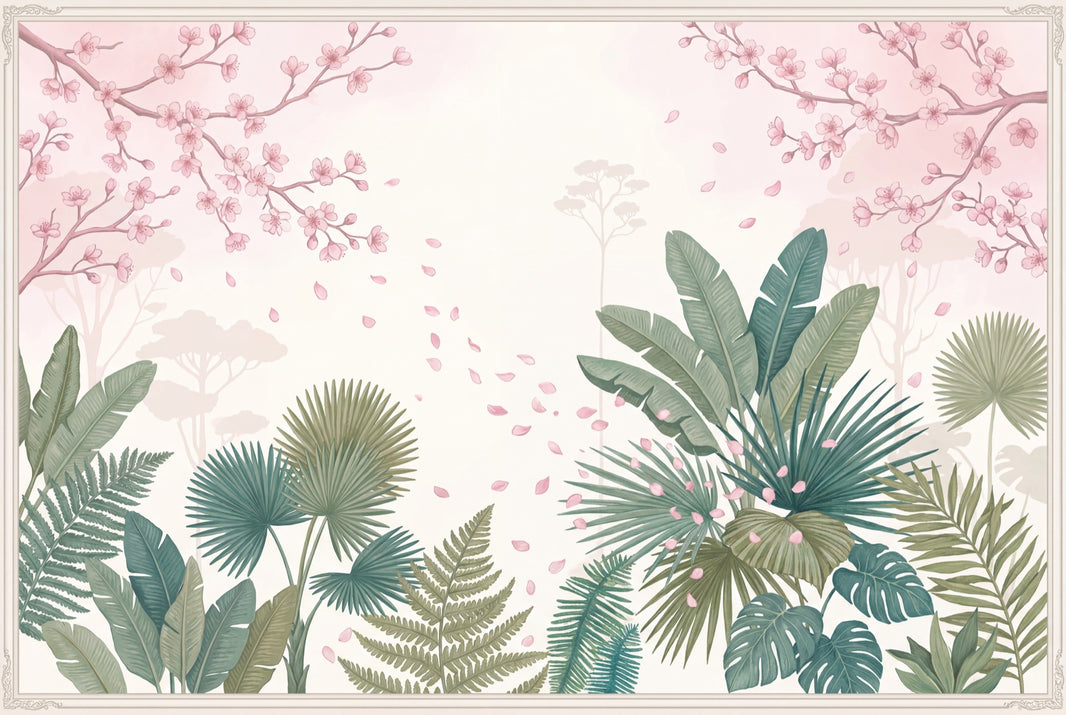 Cherry Blossoms Wallpaper Pink Petals Removable Tropical Leaves Wall Decor pattern artwork