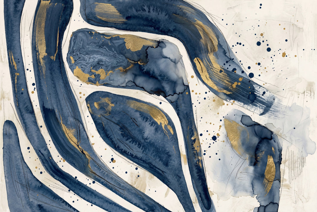 Abstract Wallpaper Navy Blue Gold Metallic Accents Wall Mural pattern artwork