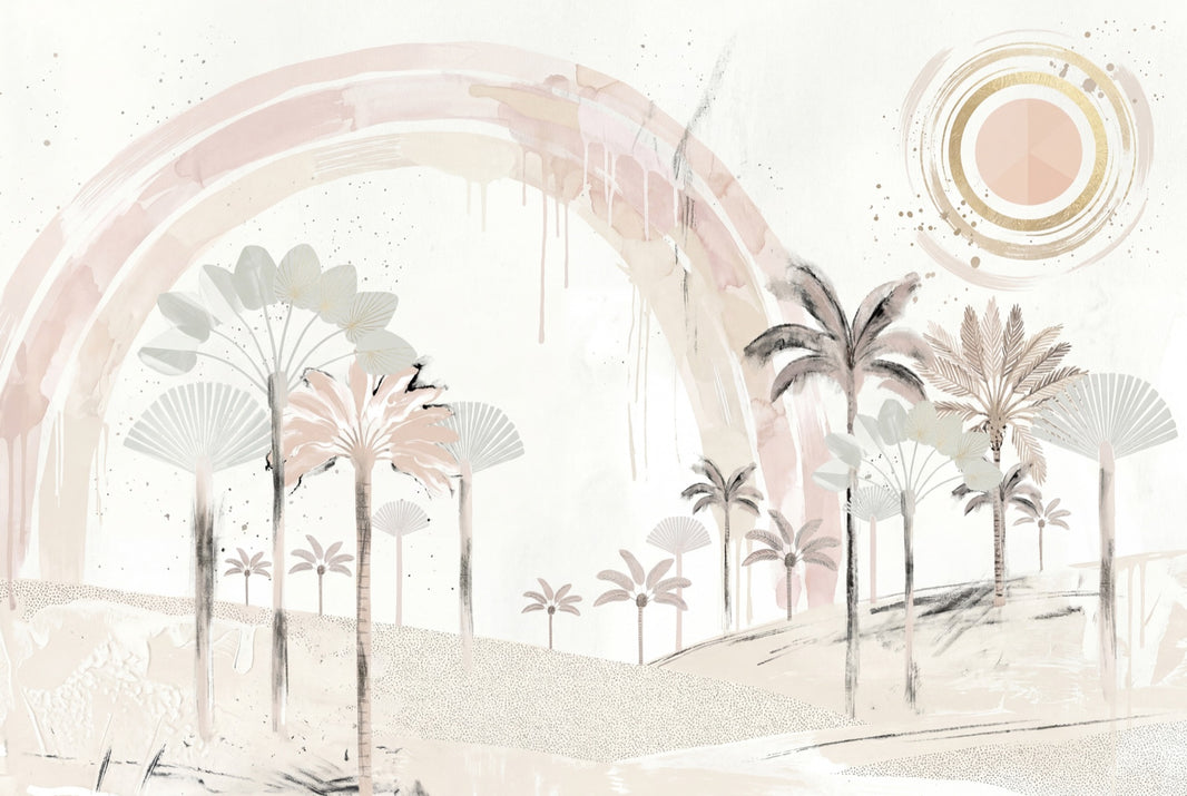Blush Rainbow Arch Wallpaper Desert Dunes Removable Palm Trees Wall Decor pattern artwork