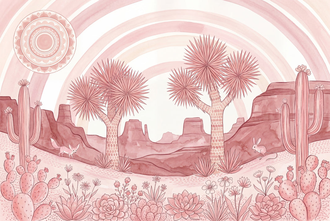 Pink Desert Landscape Wallpaper Joshua Trees Removable Cacti And Succulents Wall Decor pattern artwork