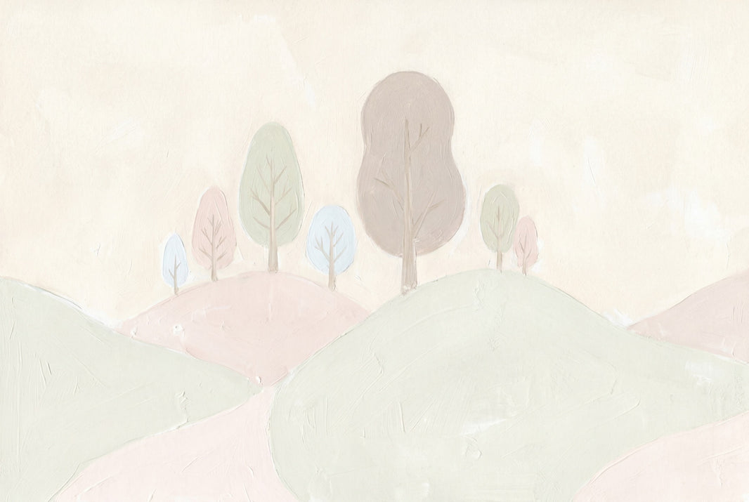Pastel Landscape Wallpaper Rolling Hills Removable Stylized Trees Wall Decor pattern artwork
