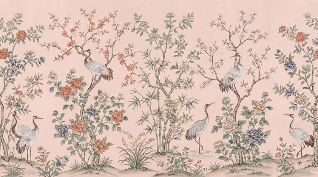 Floral Wallpaper Cranes Oriental Wall Mural pattern artwork