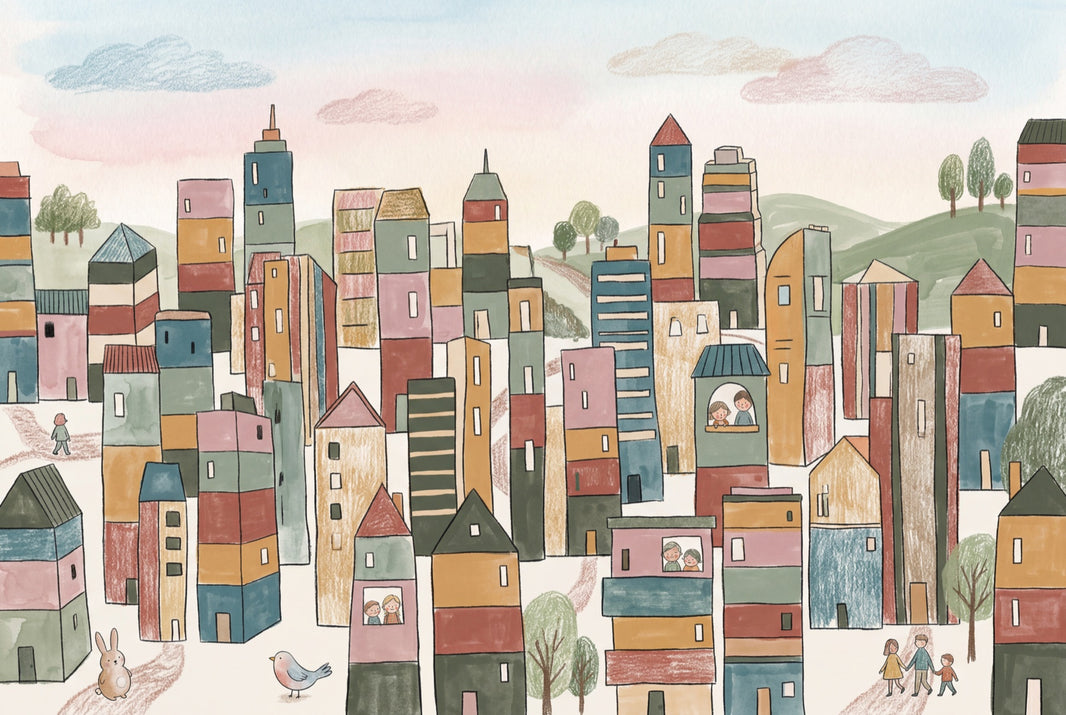 Whimsical Cityscape Wallpaper Hand Drawn Buildings Storybook Illustration Wall Mural pattern artwork