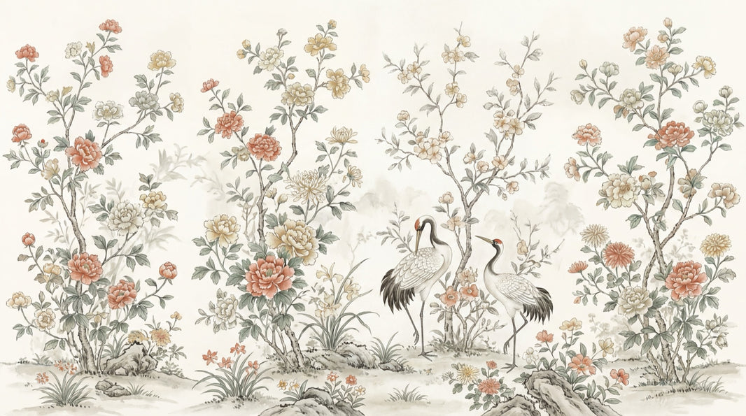 Floral Wallpaper Cranes Oriental Wall Decor pattern artwork