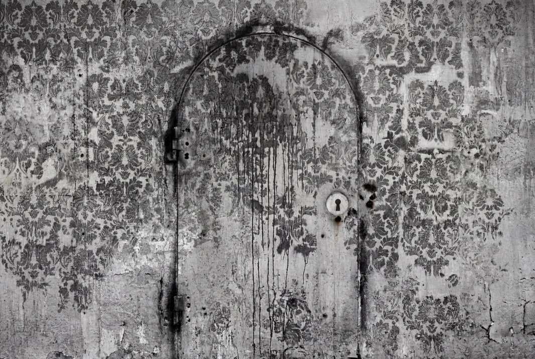 Distressed Damask Wallpaper Aged Wall Arched Door Outline Wall Mural pattern artwork