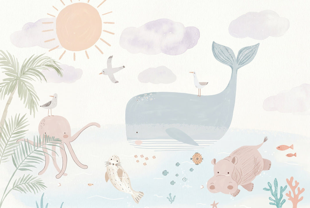Ocean Animals Wallpaper Pastel Watercolor Removable Wall Decor pattern artwork