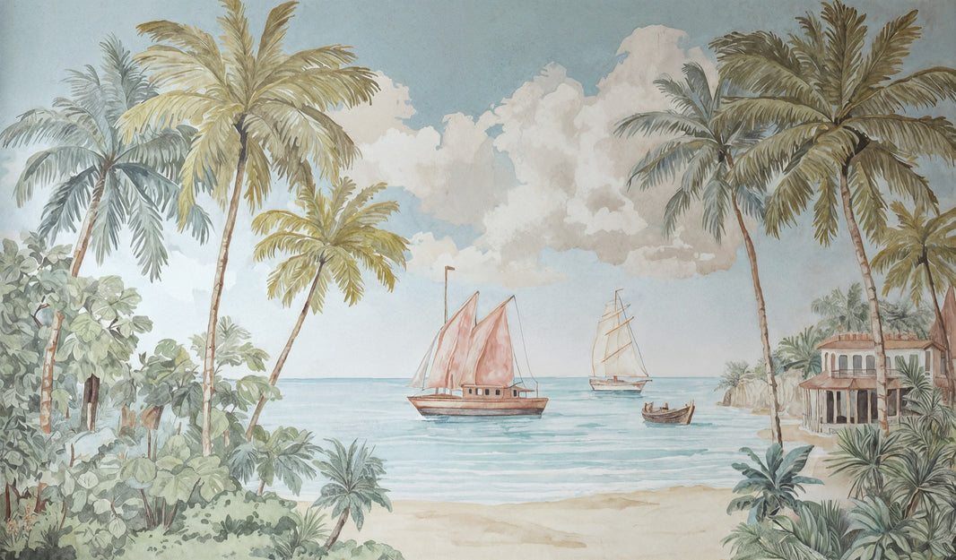 Tropical Vintage Wallpaper Palm Trees Serene Wall Mural pattern artwork