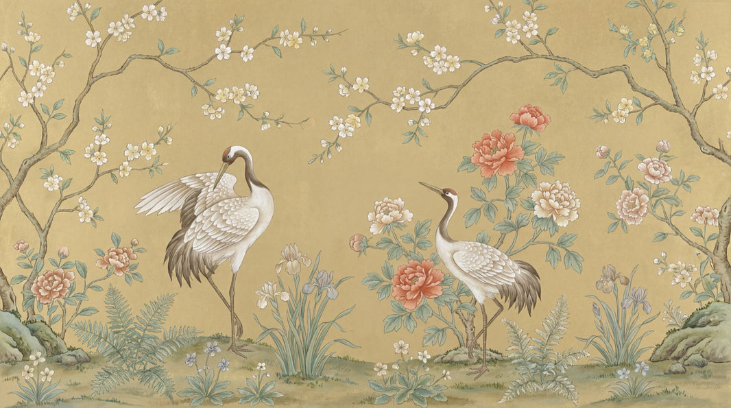 Asian-Inspired Wallpaper Cranes Vintage Wall Mural pattern artwork