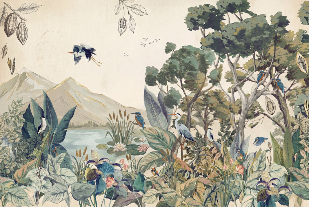 Lake Landscape Wallpaper Botanical Foliage Removable Birds Wall Decor pattern artwork