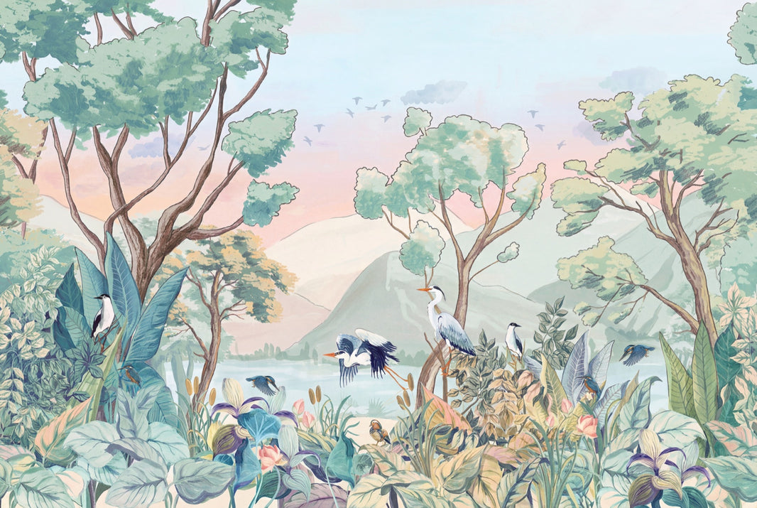 Pastel Landscape Mural Wallpaper Watercolor Botanical Birds And Herons Wall Mural pattern artwork