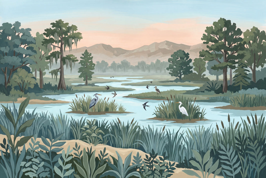 Wetland Landscape Wallpaper Marsh River Removable Wading Birds Wall Decor pattern artwork
