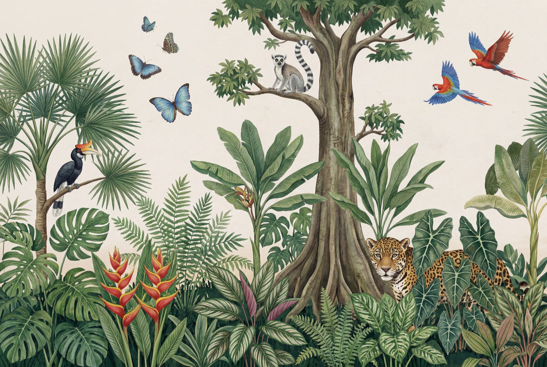 Tropical Jungle Wallpaper Rainforest Landscape Botanical Illustration Wall Mural pattern artwork