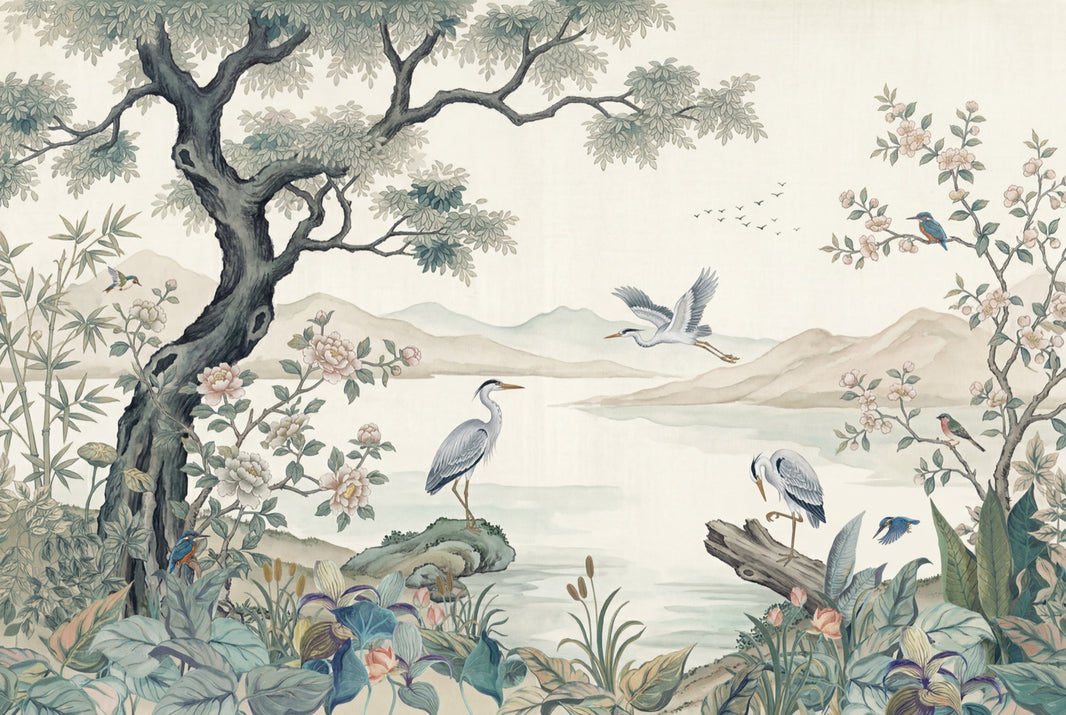 Scenic Landscape Wallpaper Lakeside Misty Mountains Removable Wall Decor pattern artwork