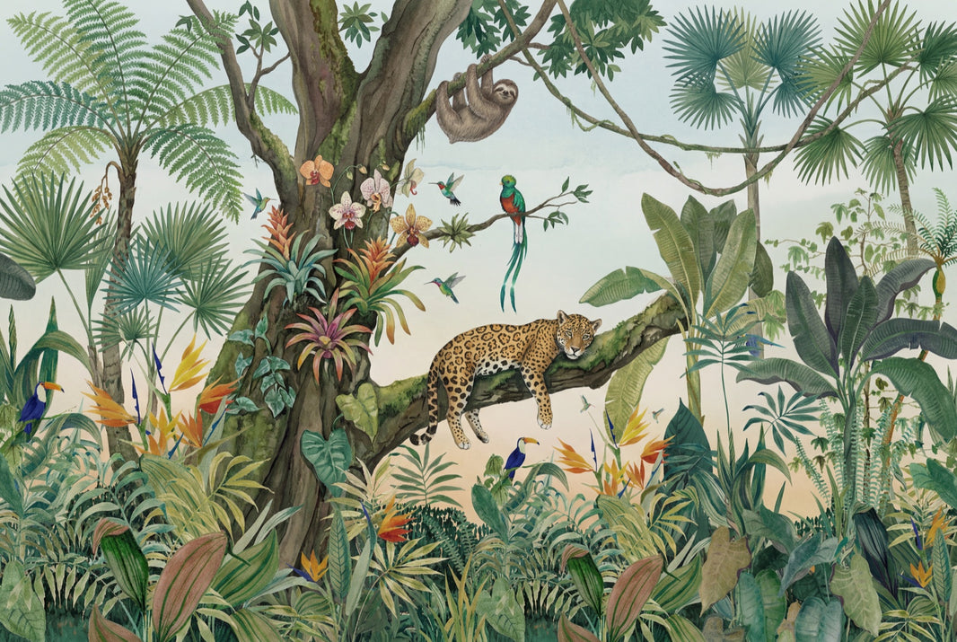 Tropical Jungle Wallpaper Rainforest Leopard Wall Mural pattern artwork