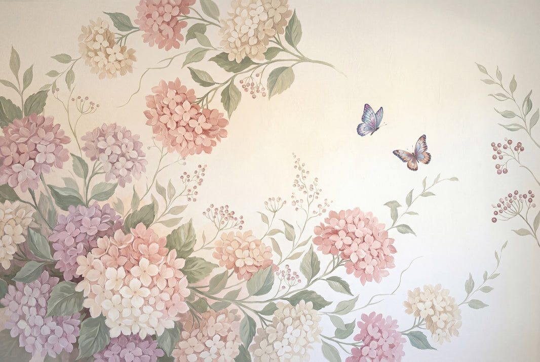 Hydrangea Blossoms Wallpaper Pastel Botanical Vines Wall Mural pattern artwork