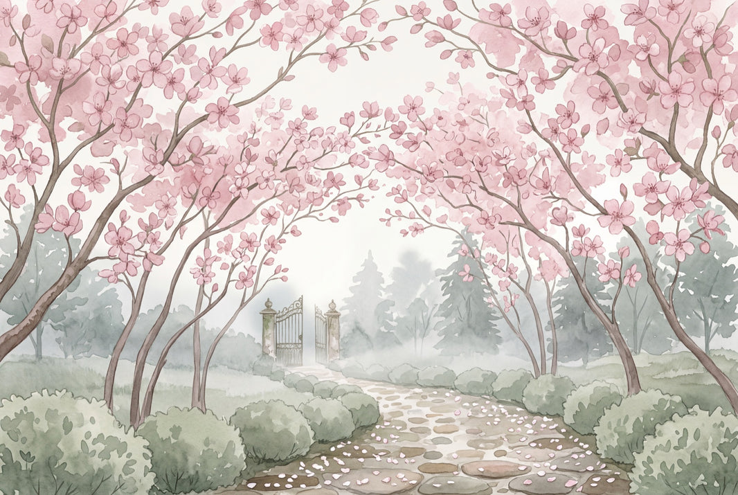 Cherry Blossoms Wallpaper Watercolor Garden Path Removable Wall Decor pattern artwork