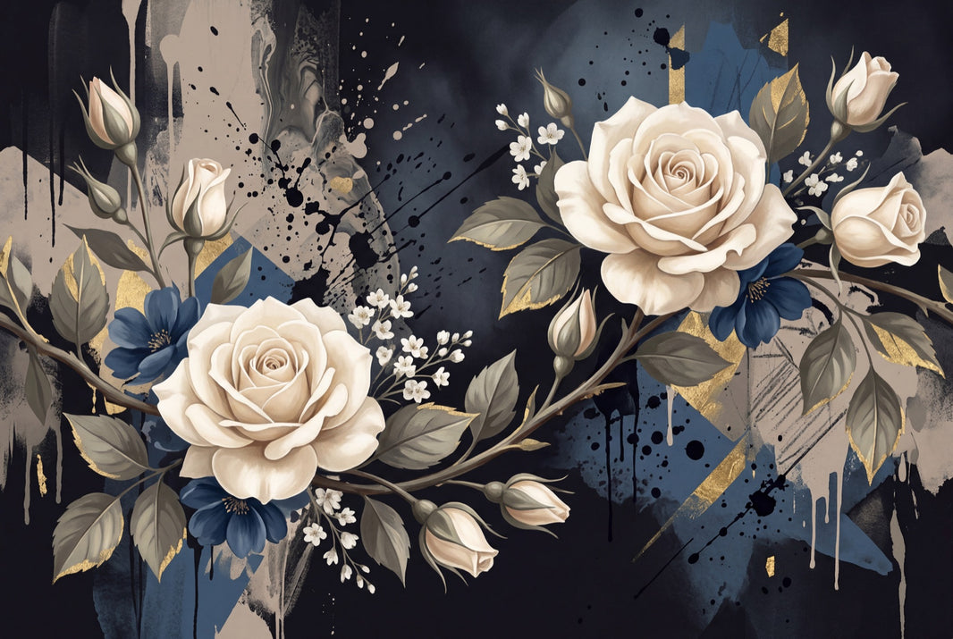 Ivory Roses Wallpaper Abstract Ink Splatter Gold Accents Wall Mural pattern artwork