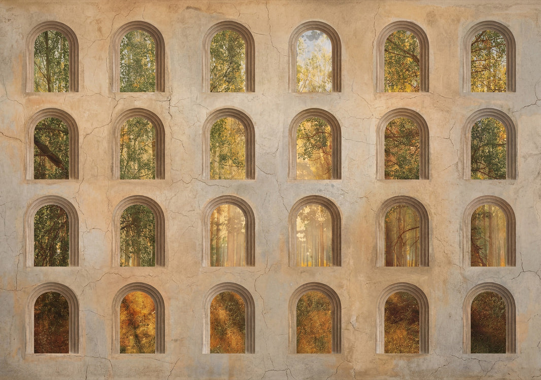 Arched Windows Wallpaper Trompe Loeil Aged Plaster Wall Mural pattern artwork