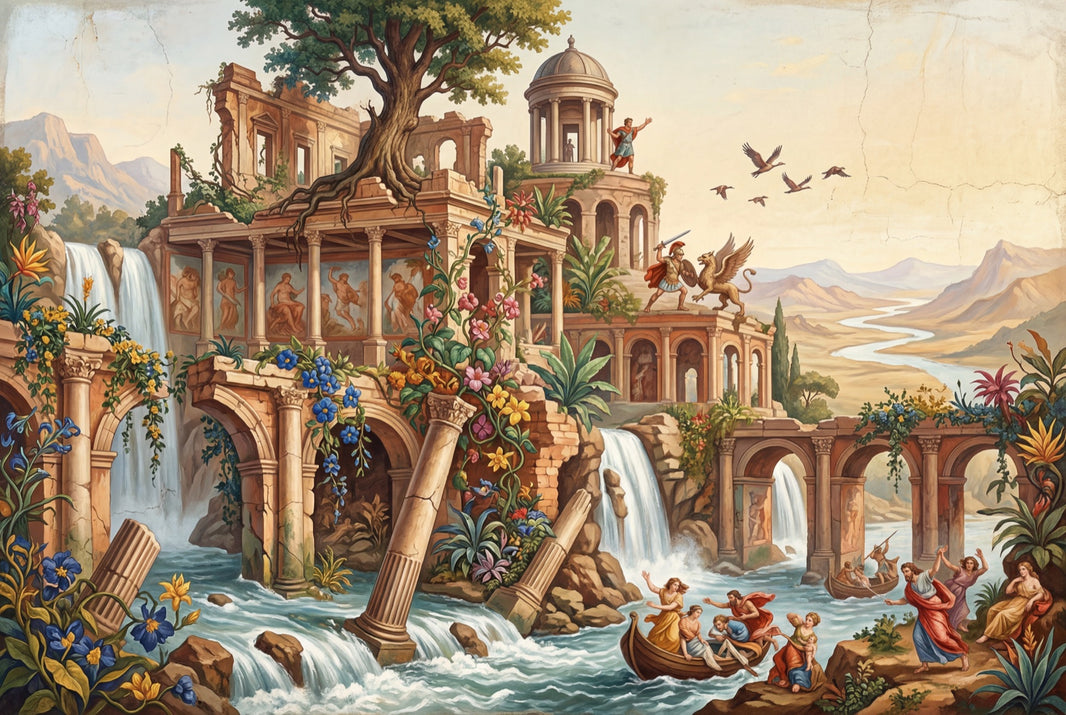 Classical Ruins Wallpaper Waterfalls Removable Mythology Wall Decor pattern artwork