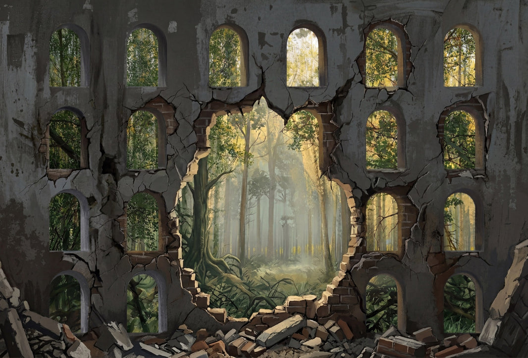 Ruined Wall Wallpaper Arched Windows Forest View Wall Mural pattern artwork