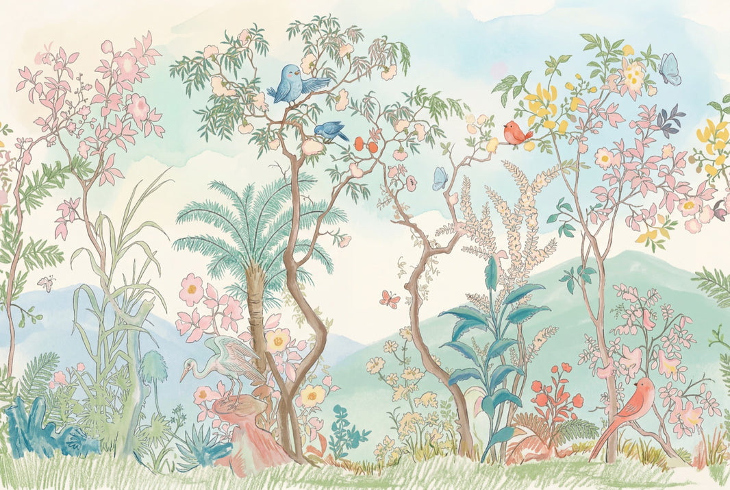 Pastel Landscape Wallpaper Watercolor Garden Removable Floral Branches Wall Decor pattern artwork