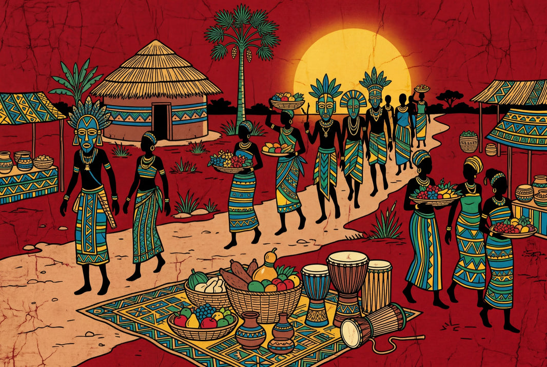 African Village Wallpaper Market Scene Sunset Wall Mural pattern artwork