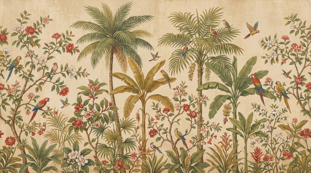 Tropical Birds Wallpaper Palm Trees Vintage Wall Mural pattern artwork